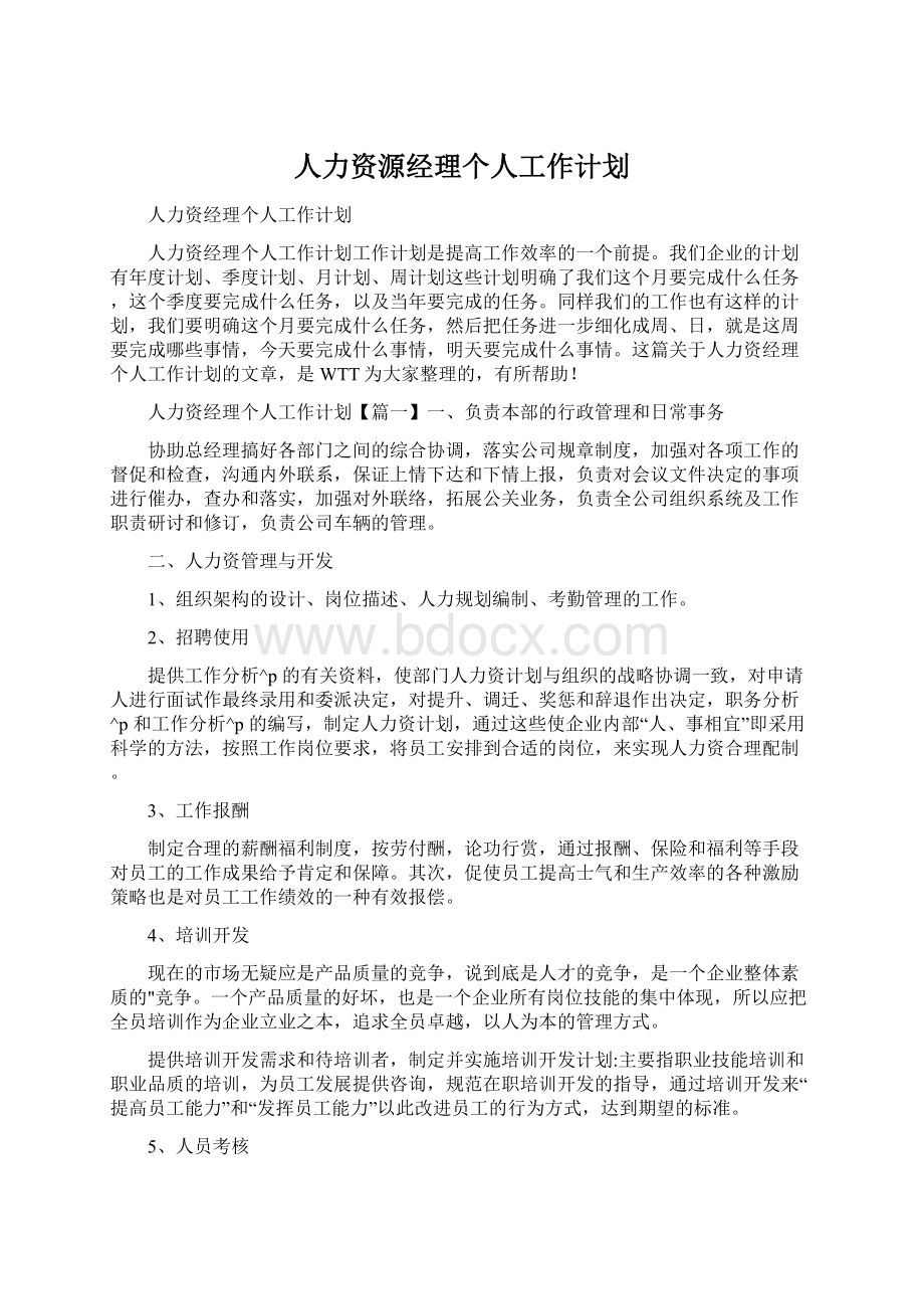 人力资源经理个人工作计划.docx_第1页