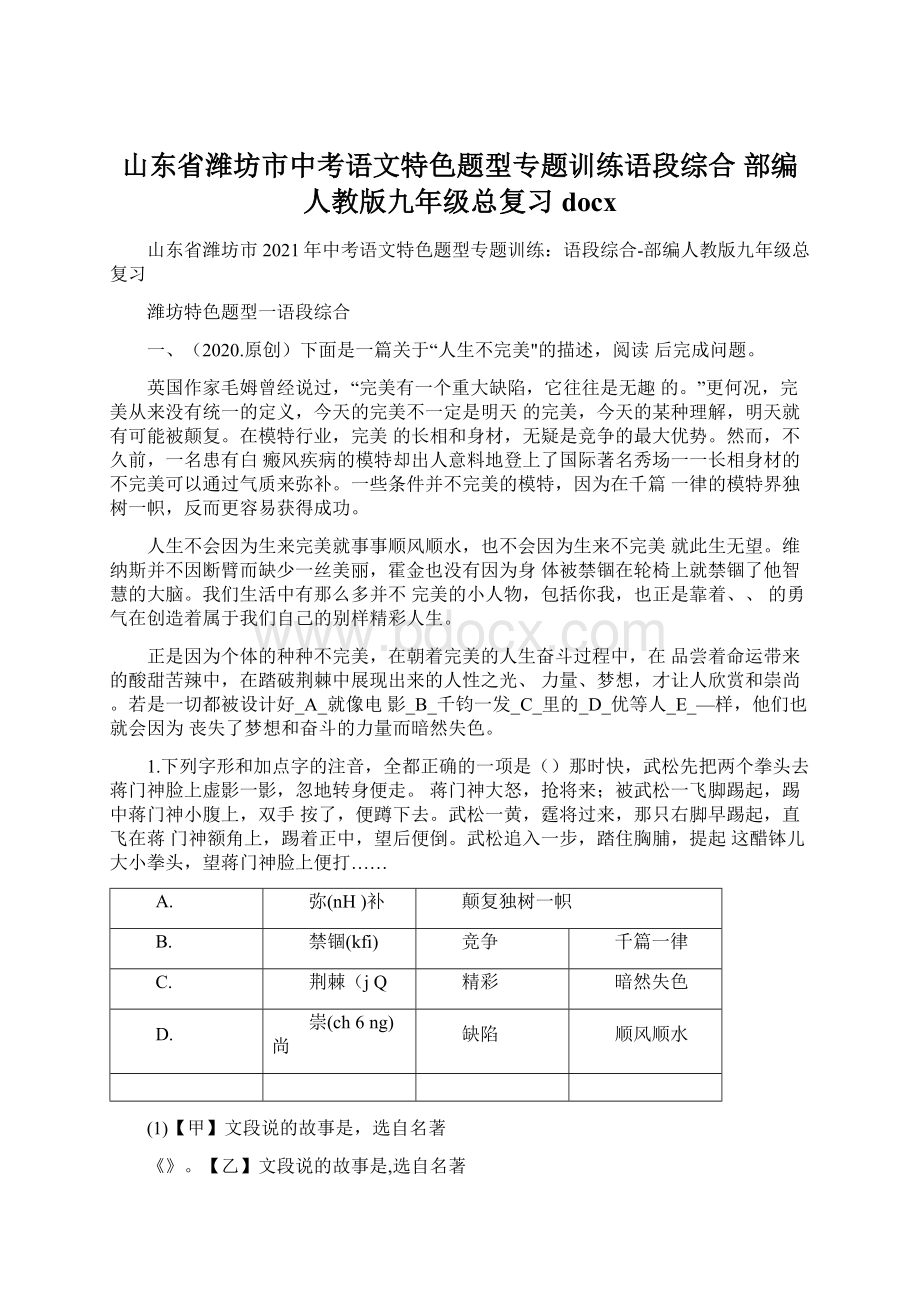 山东省潍坊市中考语文特色题型专题训练语段综合部编人教版九年级总复习docx.docx