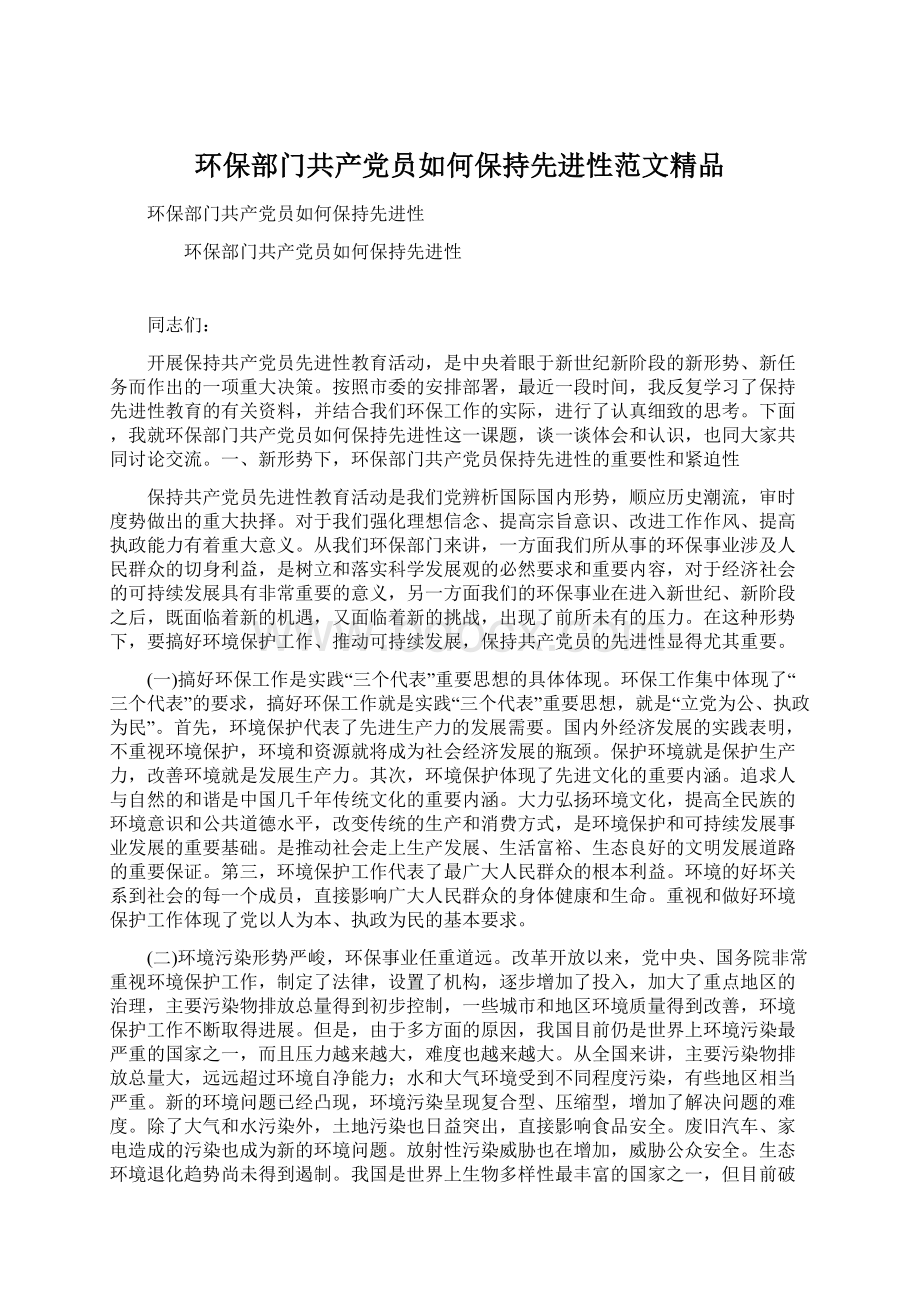 环保部门共产党员如何保持先进性范文精品.docx