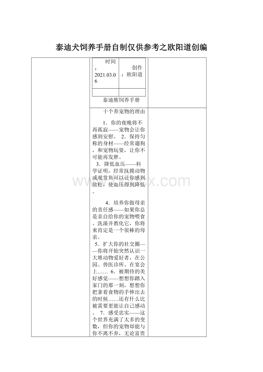 泰迪犬饲养手册自制仅供参考之欧阳道创编.docx