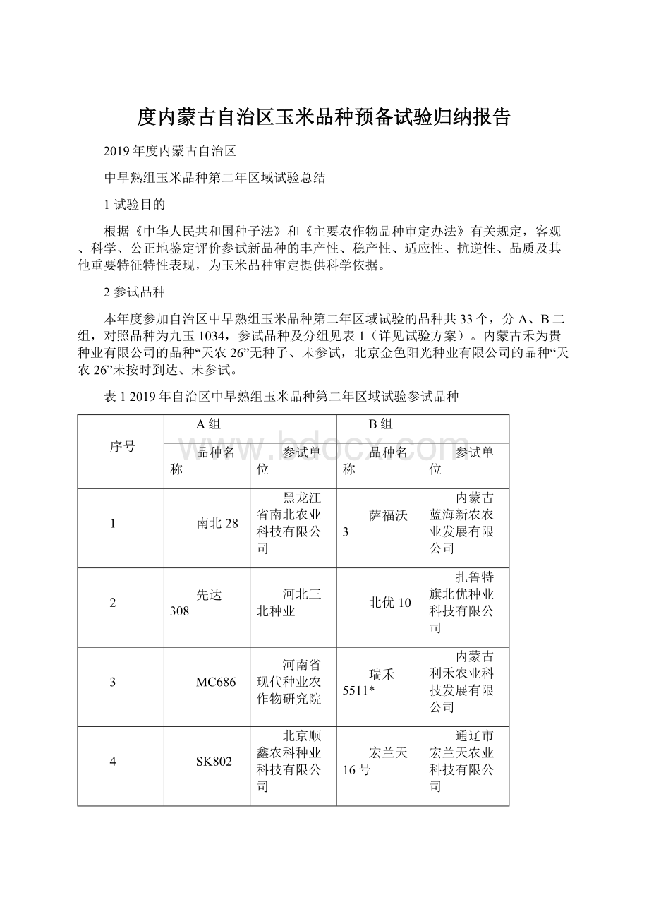 度内蒙古自治区玉米品种预备试验归纳报告.docx