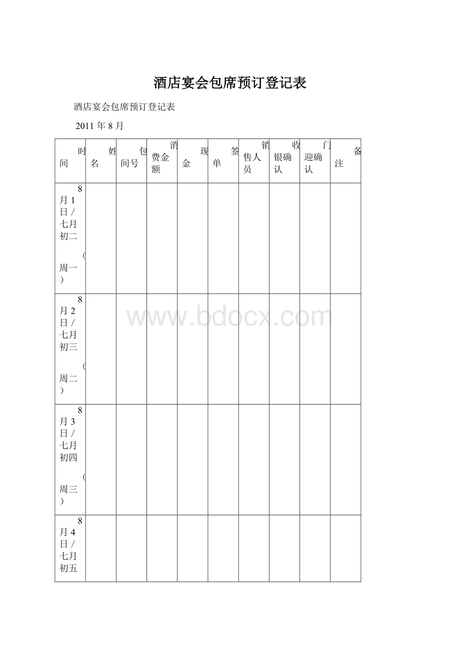 酒店宴会包席预订登记表.docx