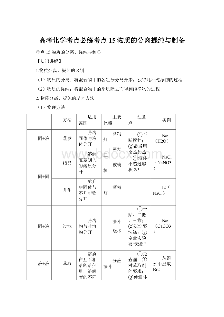 高考化学考点必练考点15物质的分离提纯与制备.docx