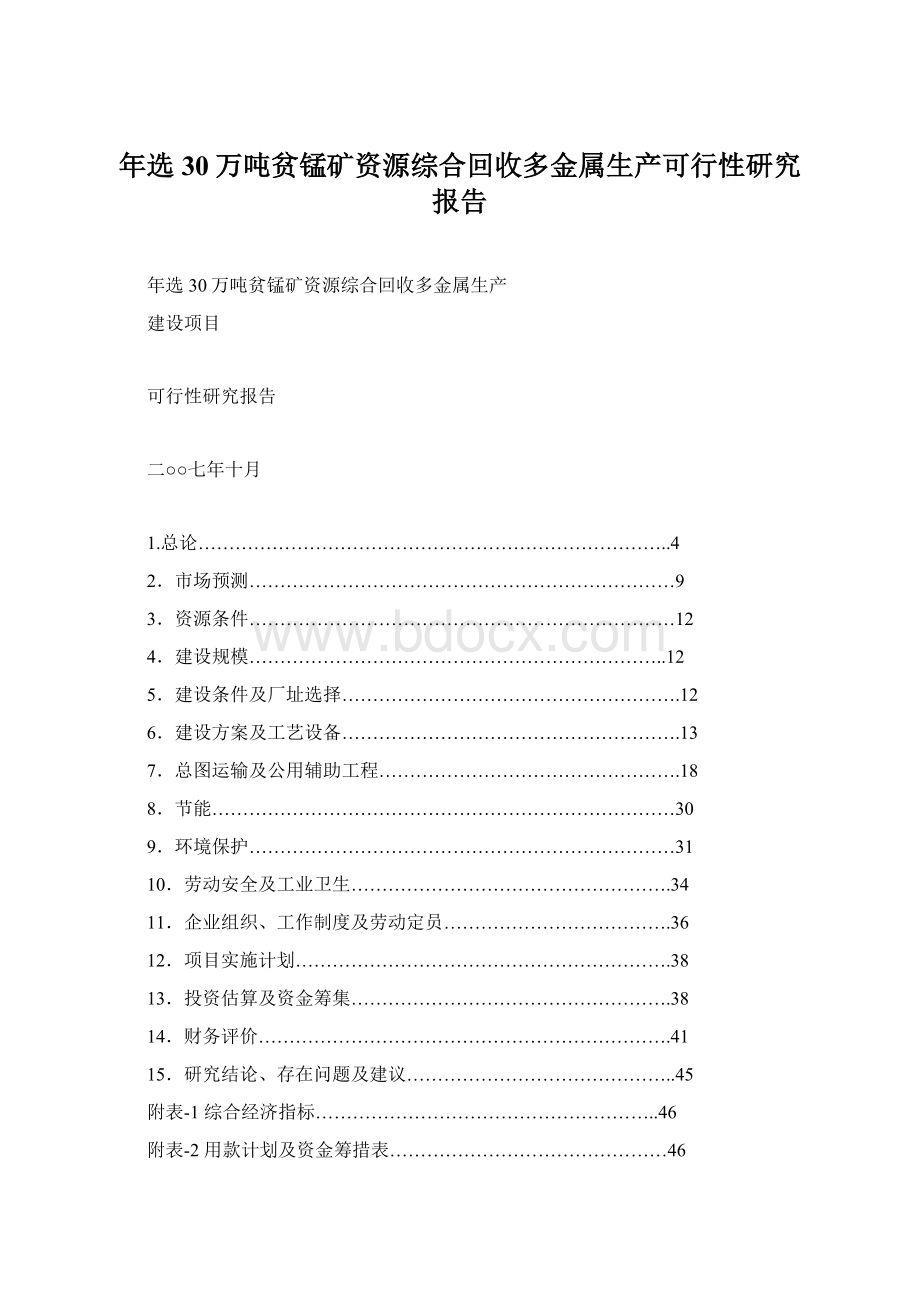 年选30万吨贫锰矿资源综合回收多金属生产可行性研究报告.docx