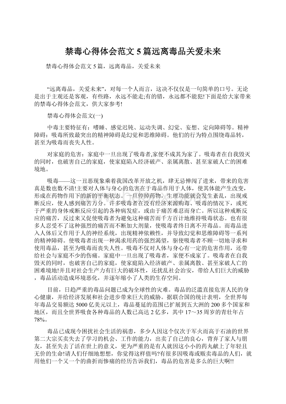 禁毒心得体会范文5篇远离毒品关爱未来.docx_第1页