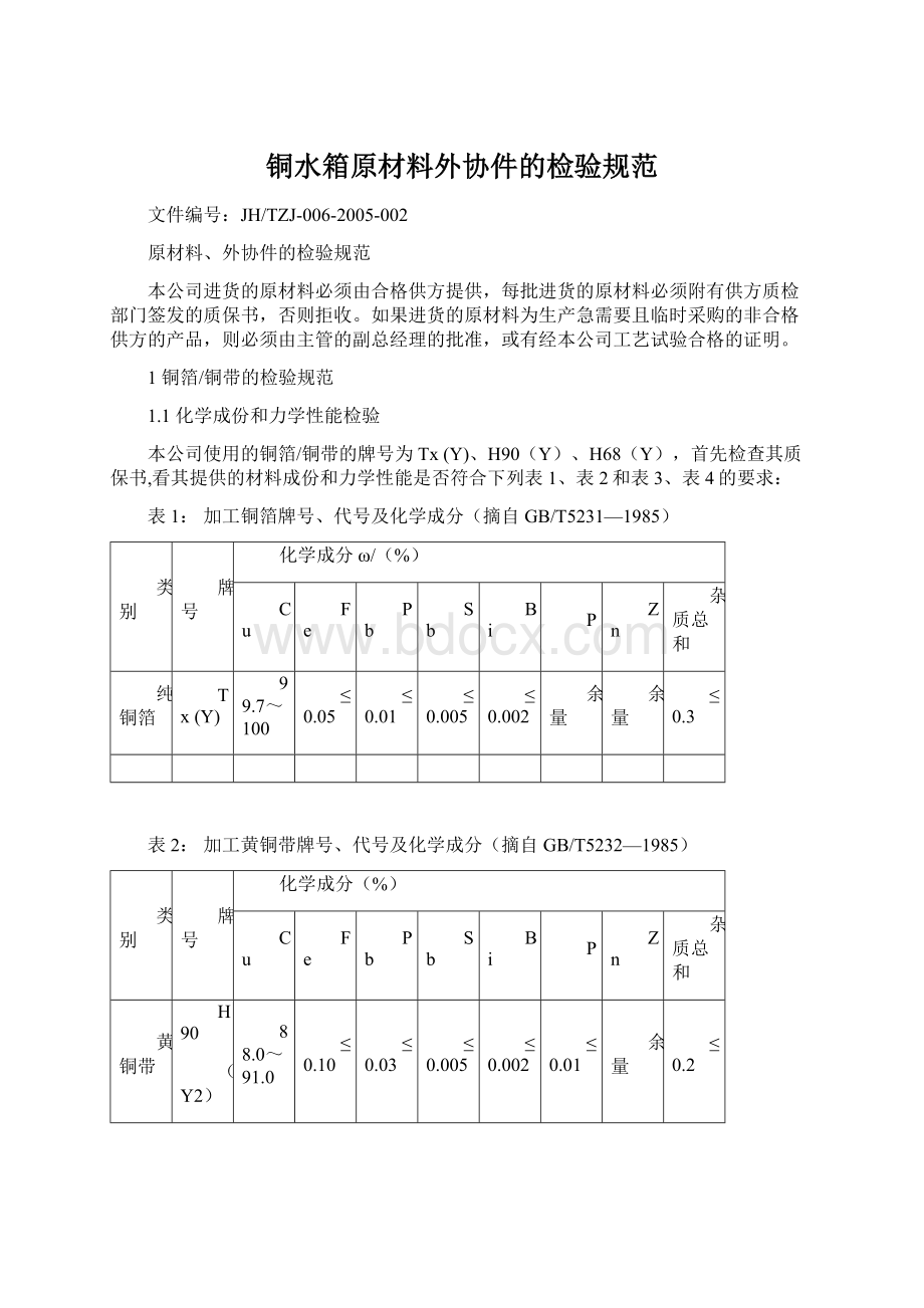 铜水箱原材料外协件的检验规范.docx_第1页