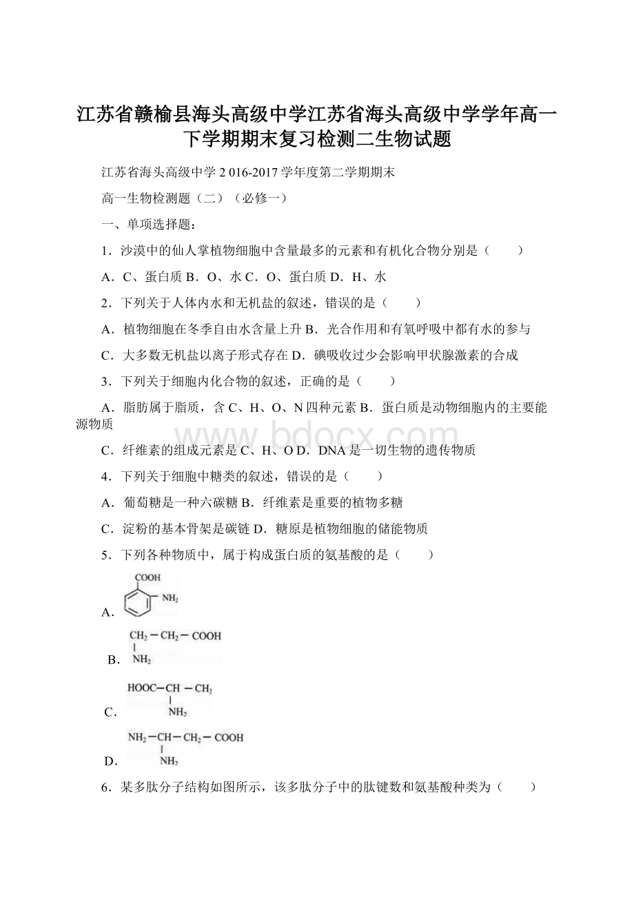 江苏省赣榆县海头高级中学江苏省海头高级中学学年高一下学期期末复习检测二生物试题.docx