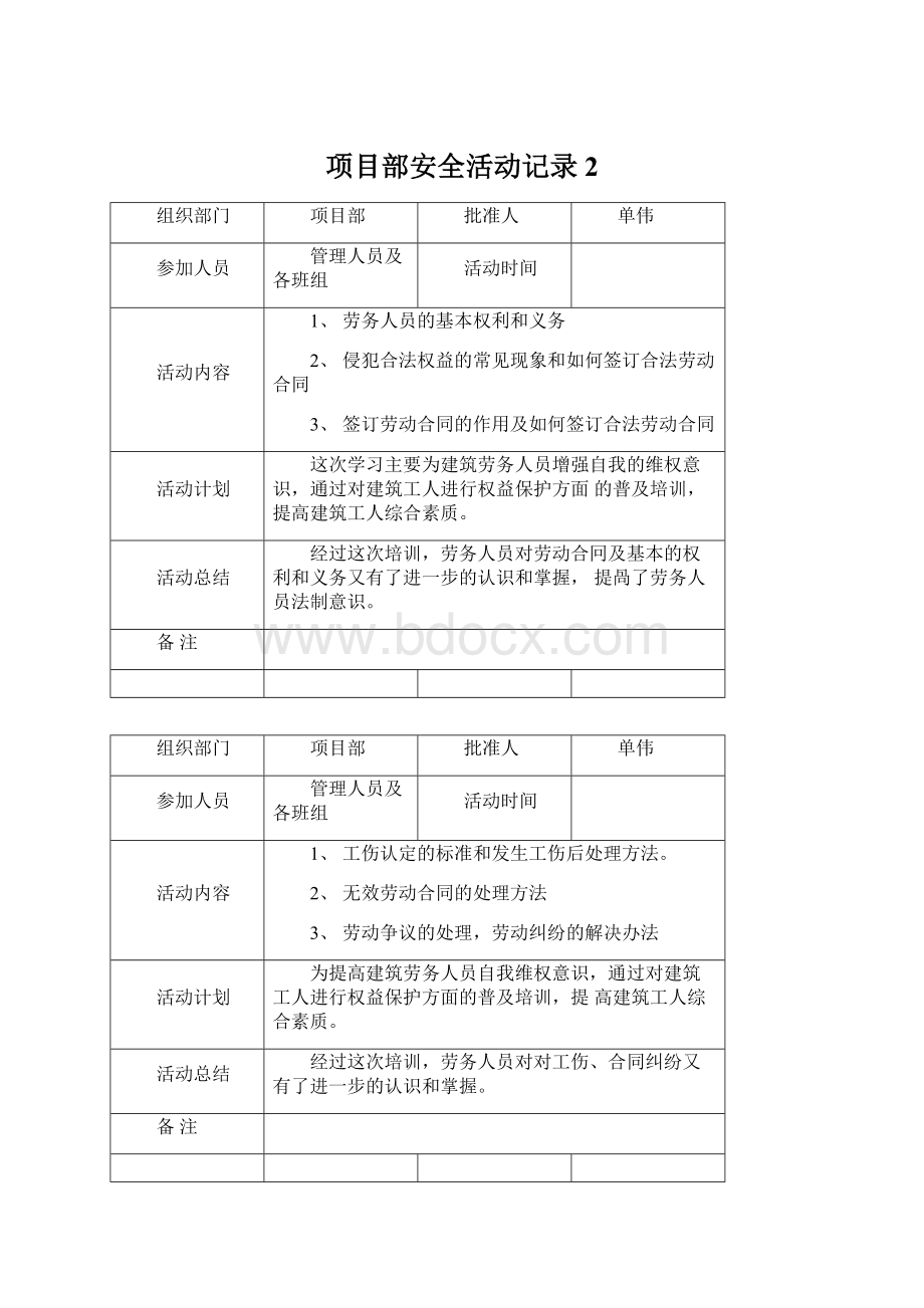 项目部安全活动记录2.docx_第1页