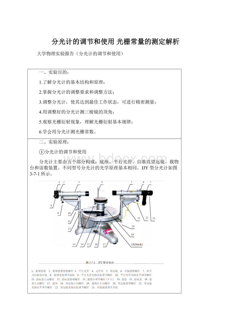 分光计的调节和使用 光栅常量的测定解析.docx_第1页