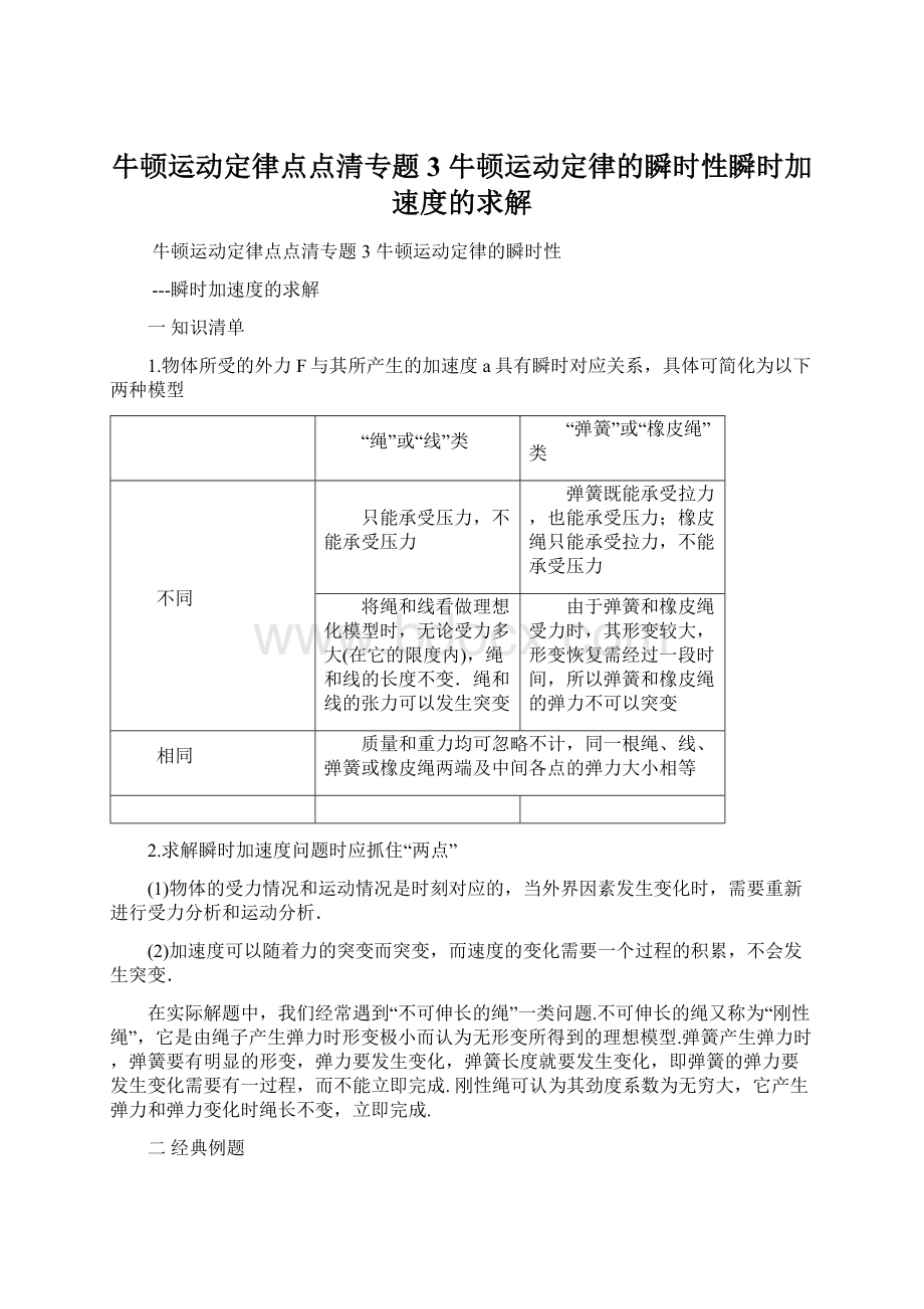 牛顿运动定律点点清专题3牛顿运动定律的瞬时性瞬时加速度的求解.docx_第1页