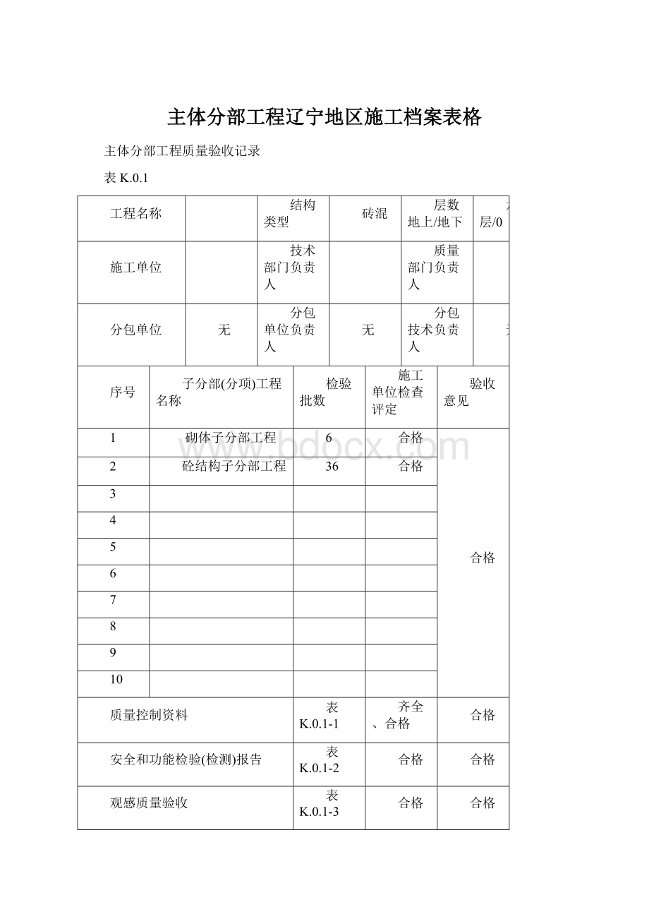 主体分部工程辽宁地区施工档案表格.docx_第1页