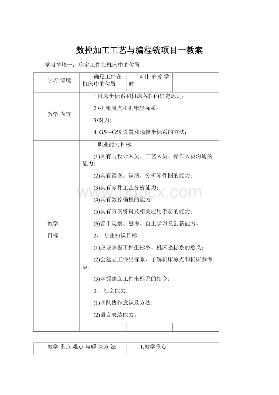 数控加工工艺与编程铣项目一教案.docx