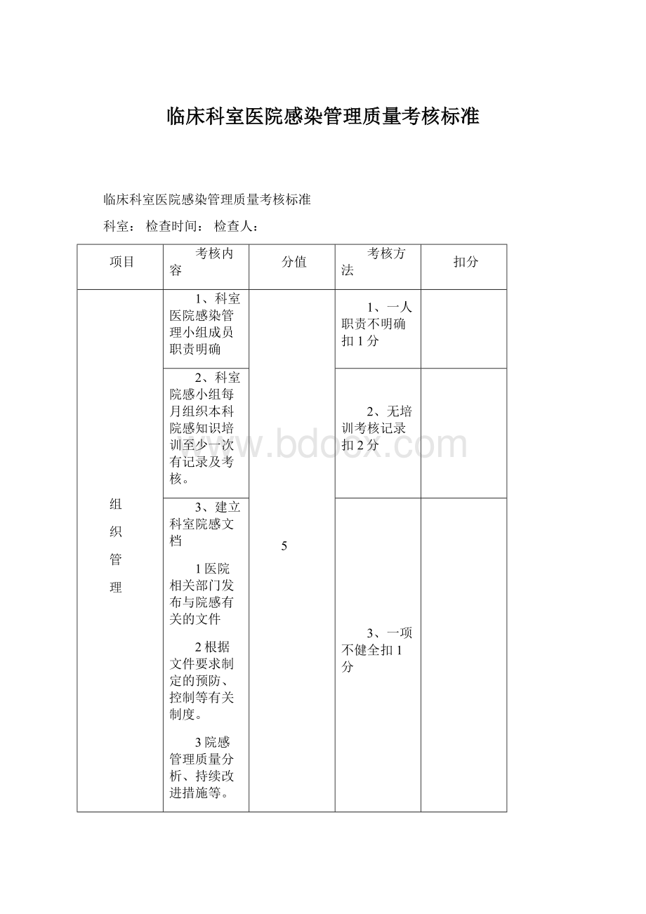 临床科室医院感染管理质量考核标准.docx_第1页