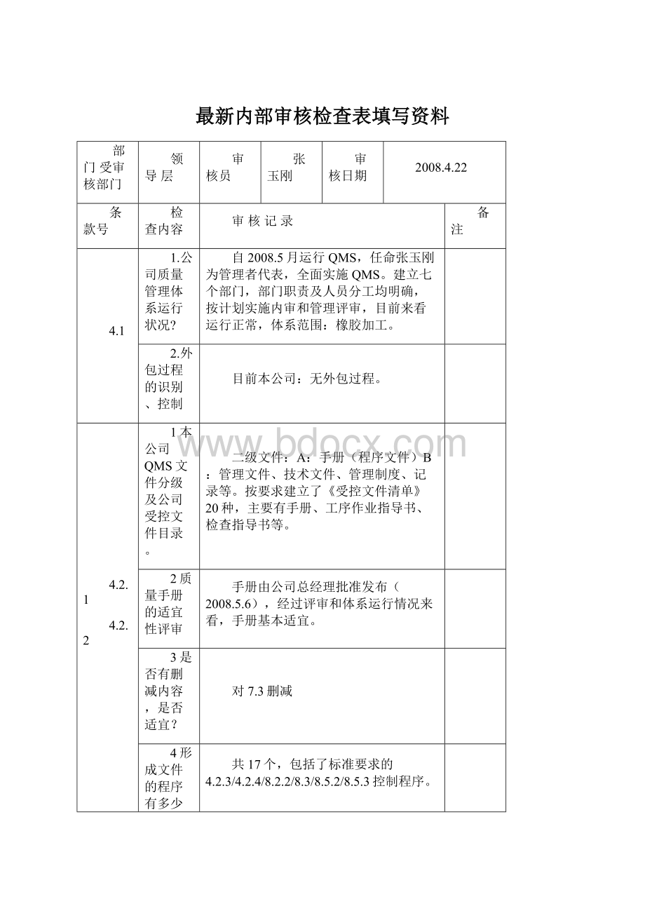 最新内部审核检查表填写资料.docx_第1页