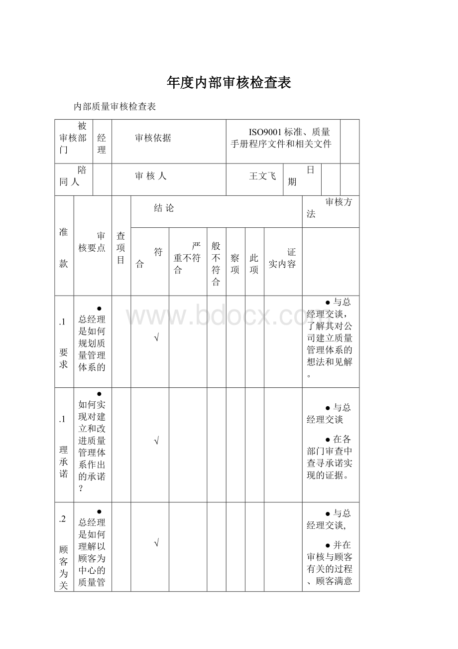 年度内部审核检查表.docx_第1页