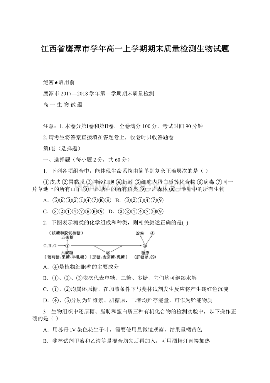 江西省鹰潭市学年高一上学期期末质量检测生物试题.docx