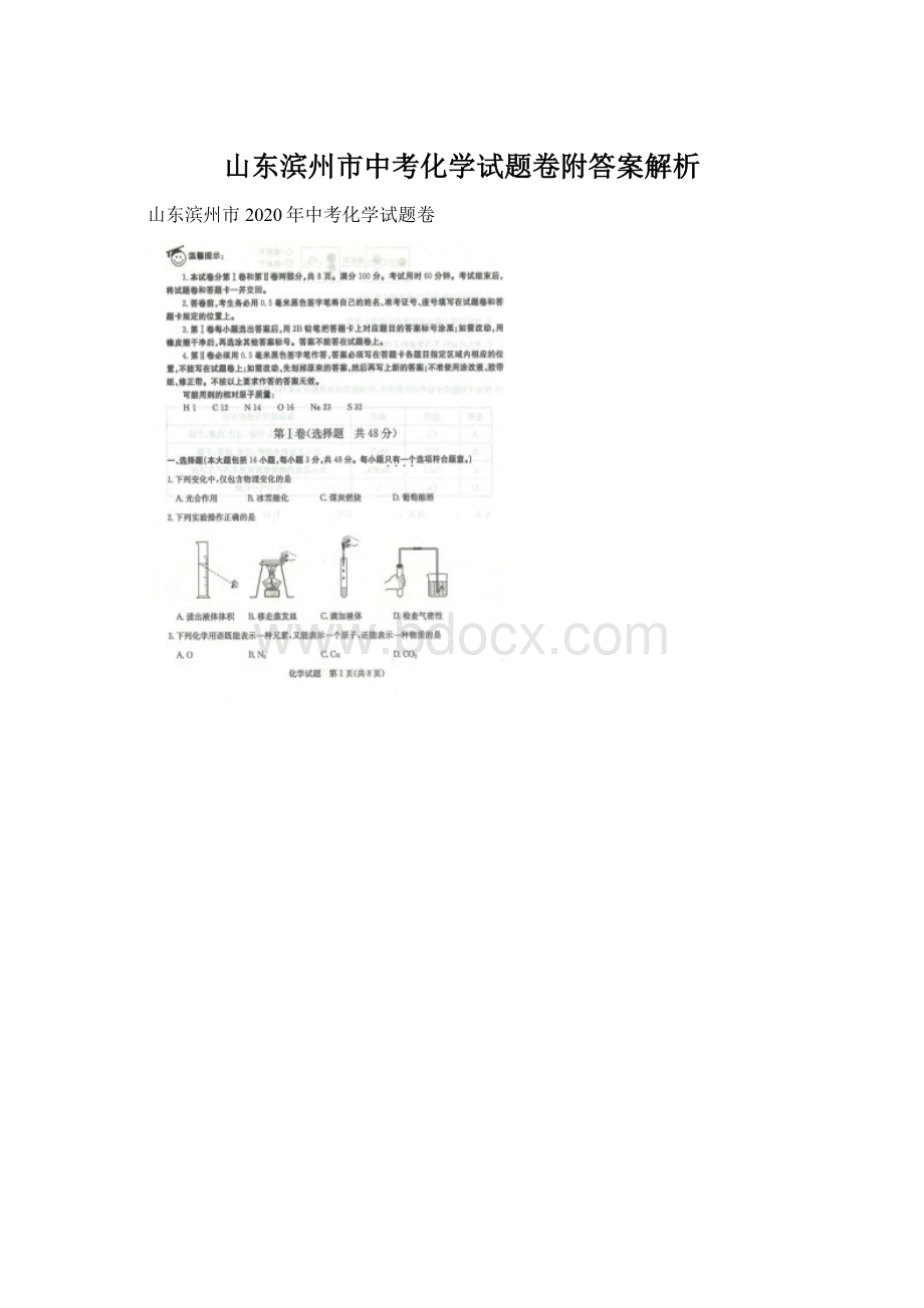 山东滨州市中考化学试题卷附答案解析.docx_第1页