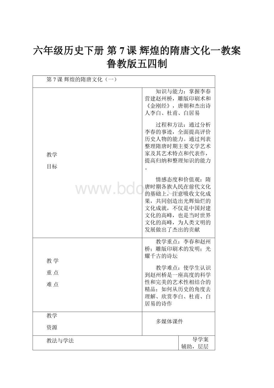 六年级历史下册 第7课 辉煌的隋唐文化一教案 鲁教版五四制.docx