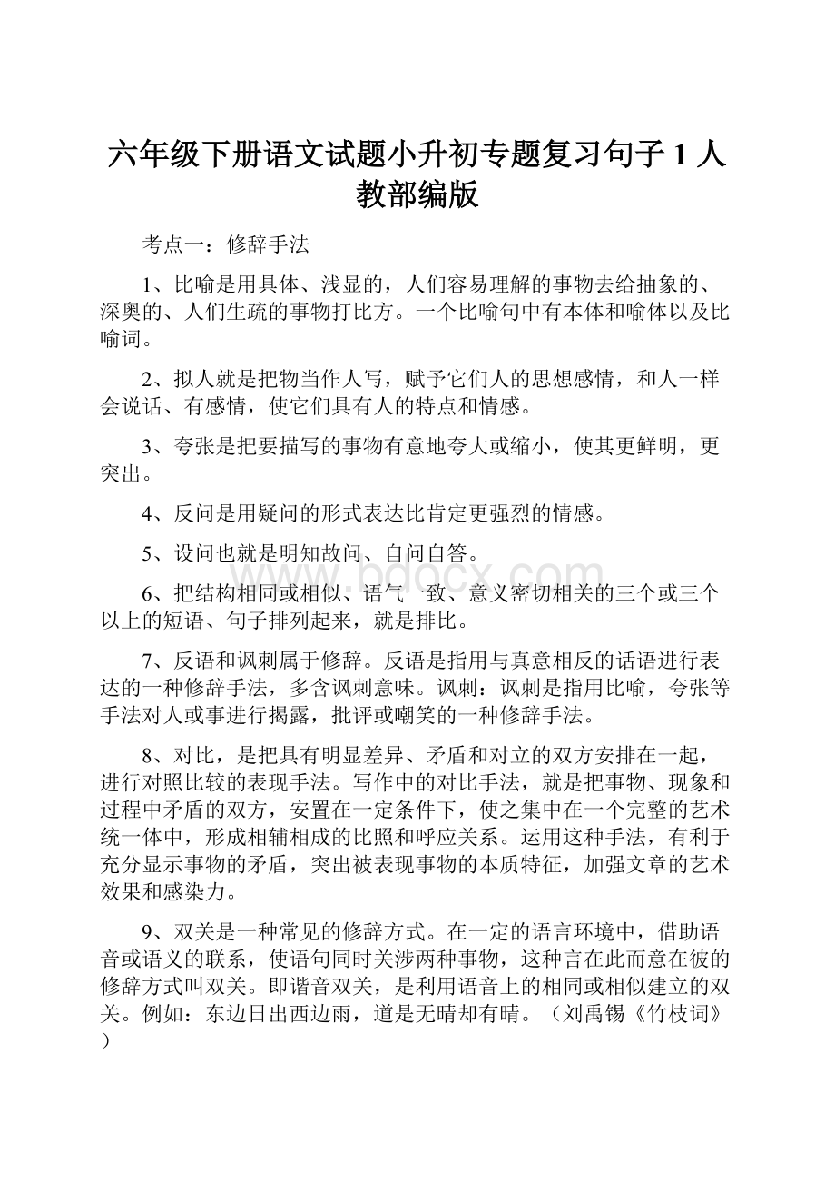 六年级下册语文试题小升初专题复习句子1 人教部编版.docx