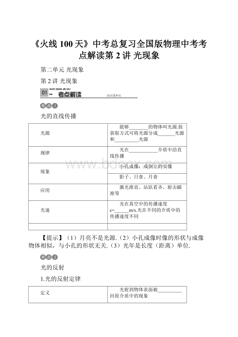 《火线100天》中考总复习全国版物理中考考点解读第2讲 光现象.docx