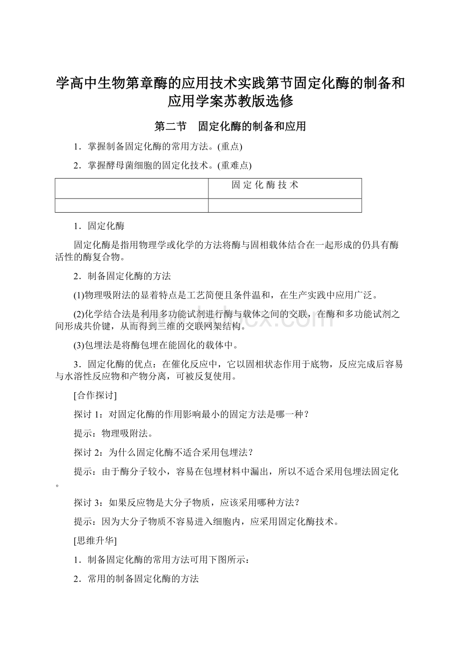 学高中生物第章酶的应用技术实践第节固定化酶的制备和应用学案苏教版选修.docx_第1页