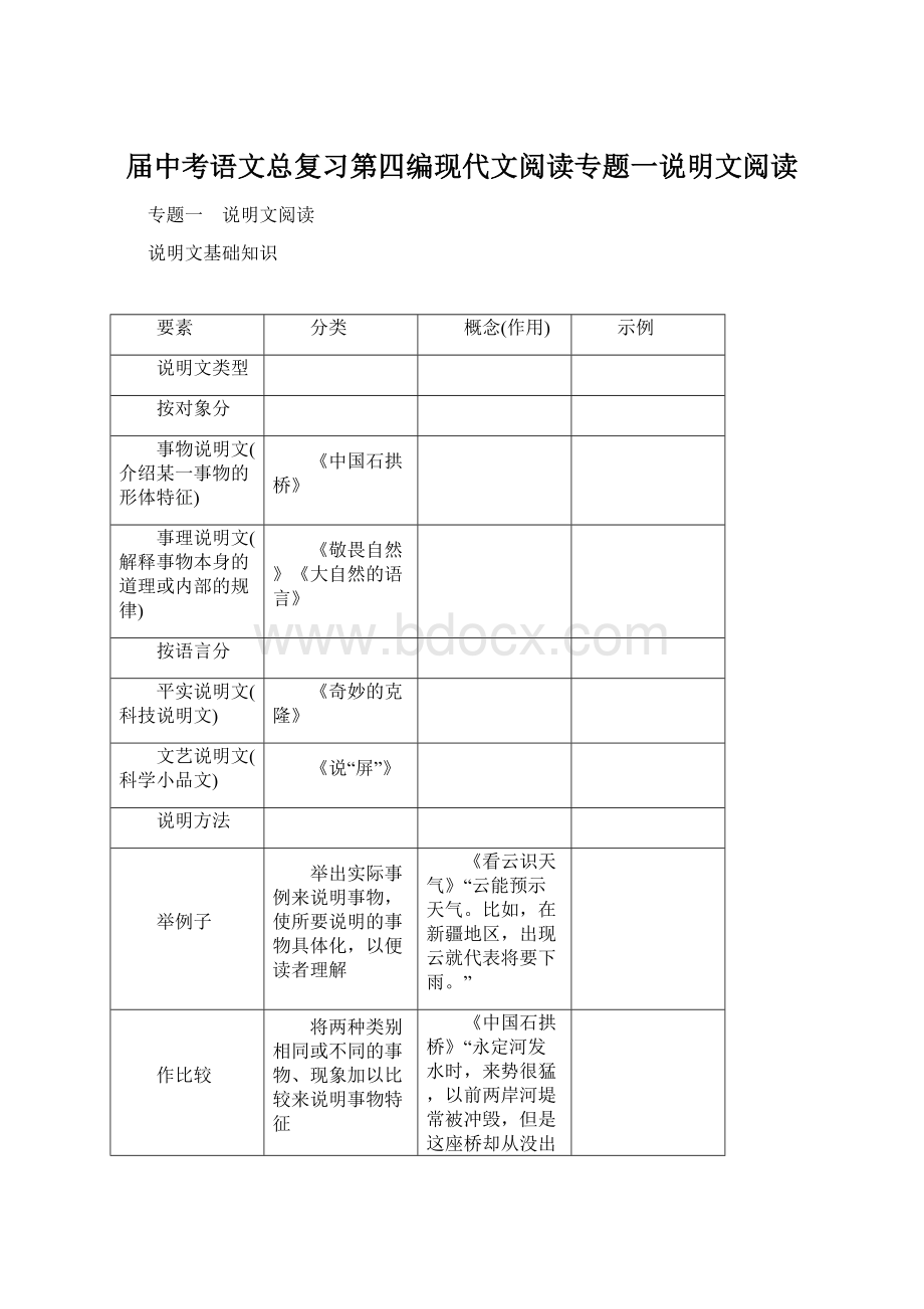 届中考语文总复习第四编现代文阅读专题一说明文阅读.docx_第1页