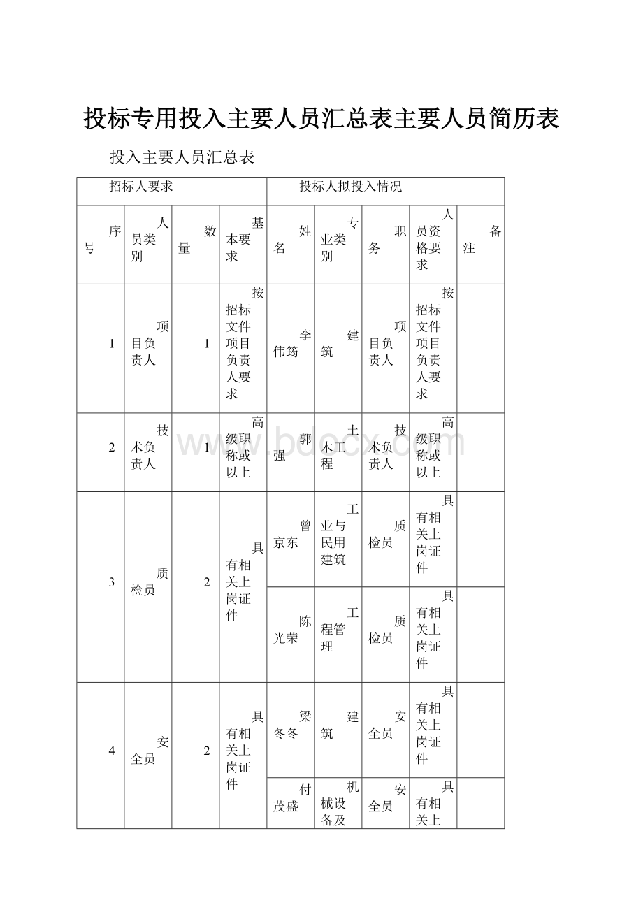 投标专用投入主要人员汇总表主要人员简历表.docx