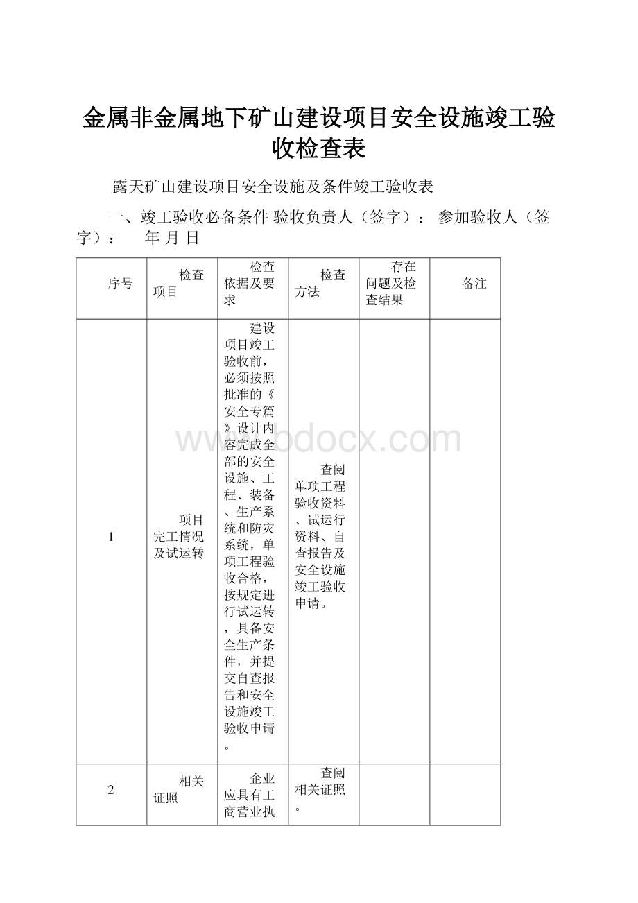 金属非金属地下矿山建设项目安全设施竣工验收检查表.docx_第1页