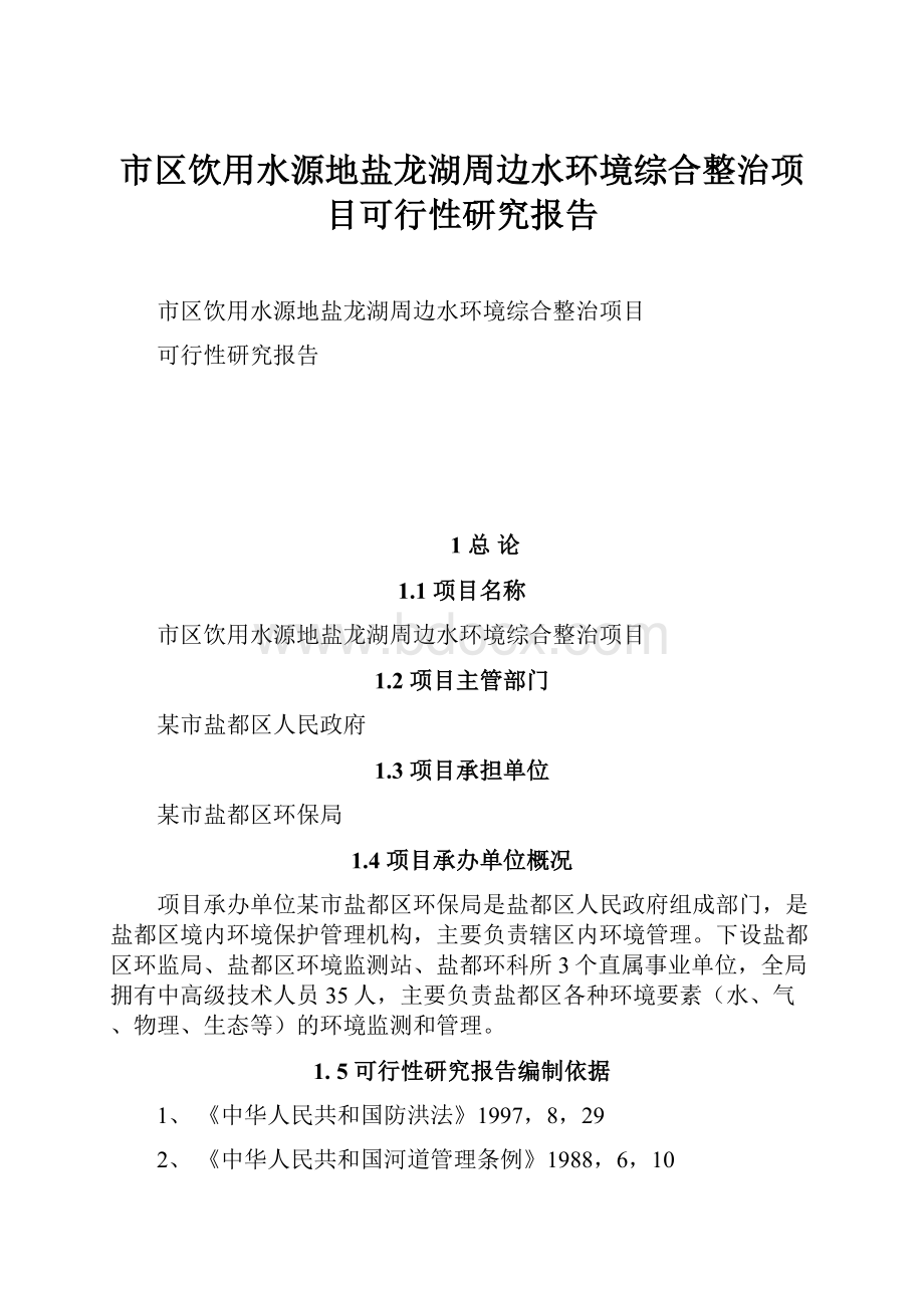 市区饮用水源地盐龙湖周边水环境综合整治项目可行性研究报告.docx