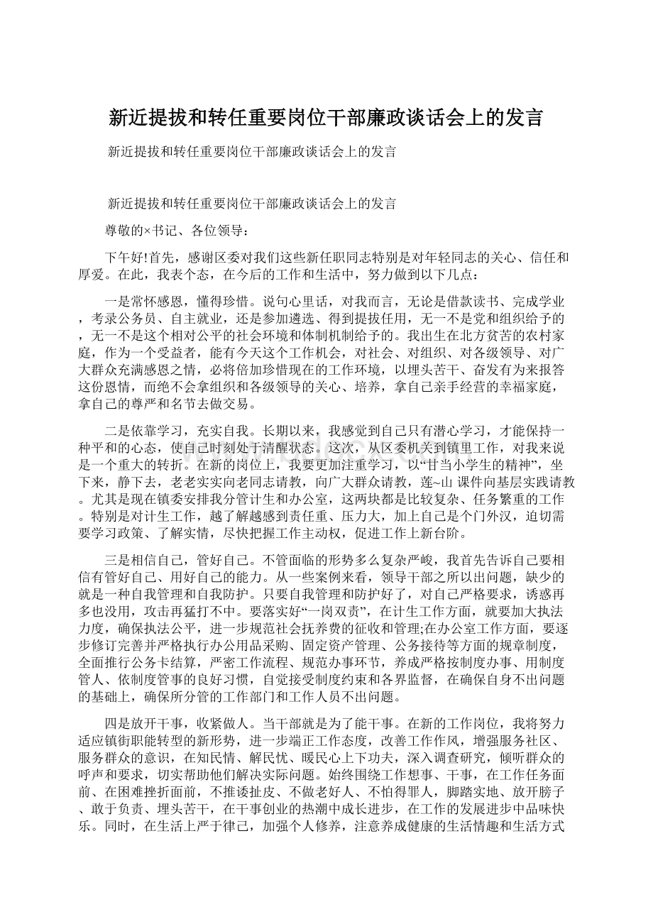 新近提拔和转任重要岗位干部廉政谈话会上的发言.docx_第1页