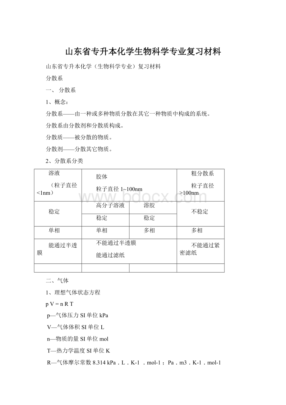 山东省专升本化学生物科学专业复习材料.docx