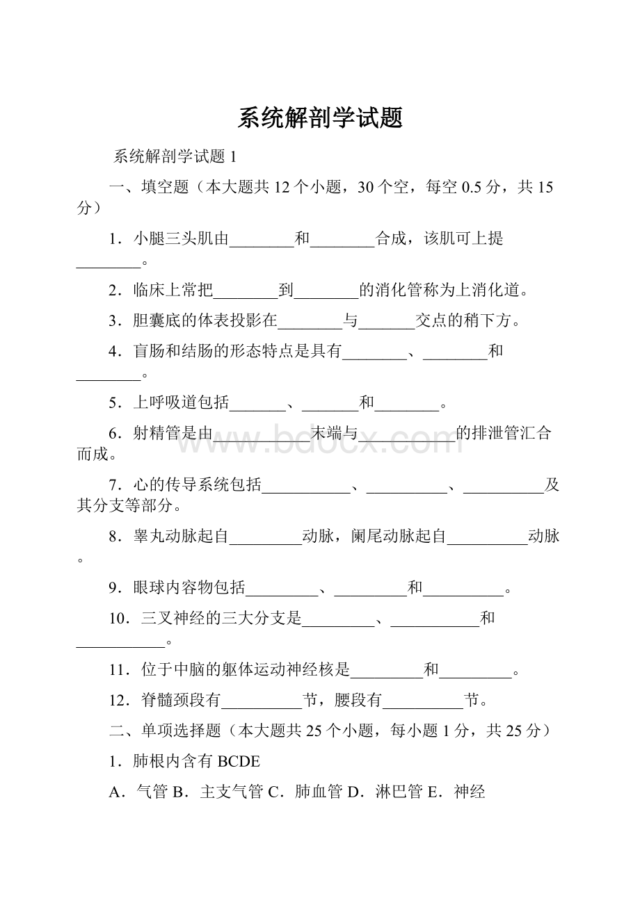 系统解剖学试题.docx_第1页