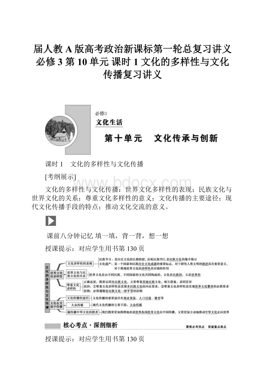 届人教A版高考政治新课标第一轮总复习讲义必修3 第10单元 课时1 文化的多样性与文化传播复习讲义.docx_第1页