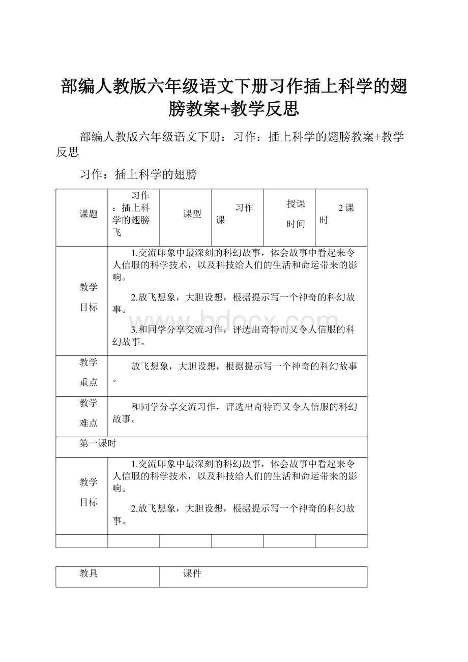 部编人教版六年级语文下册习作插上科学的翅膀教案+教学反思.docx_第1页