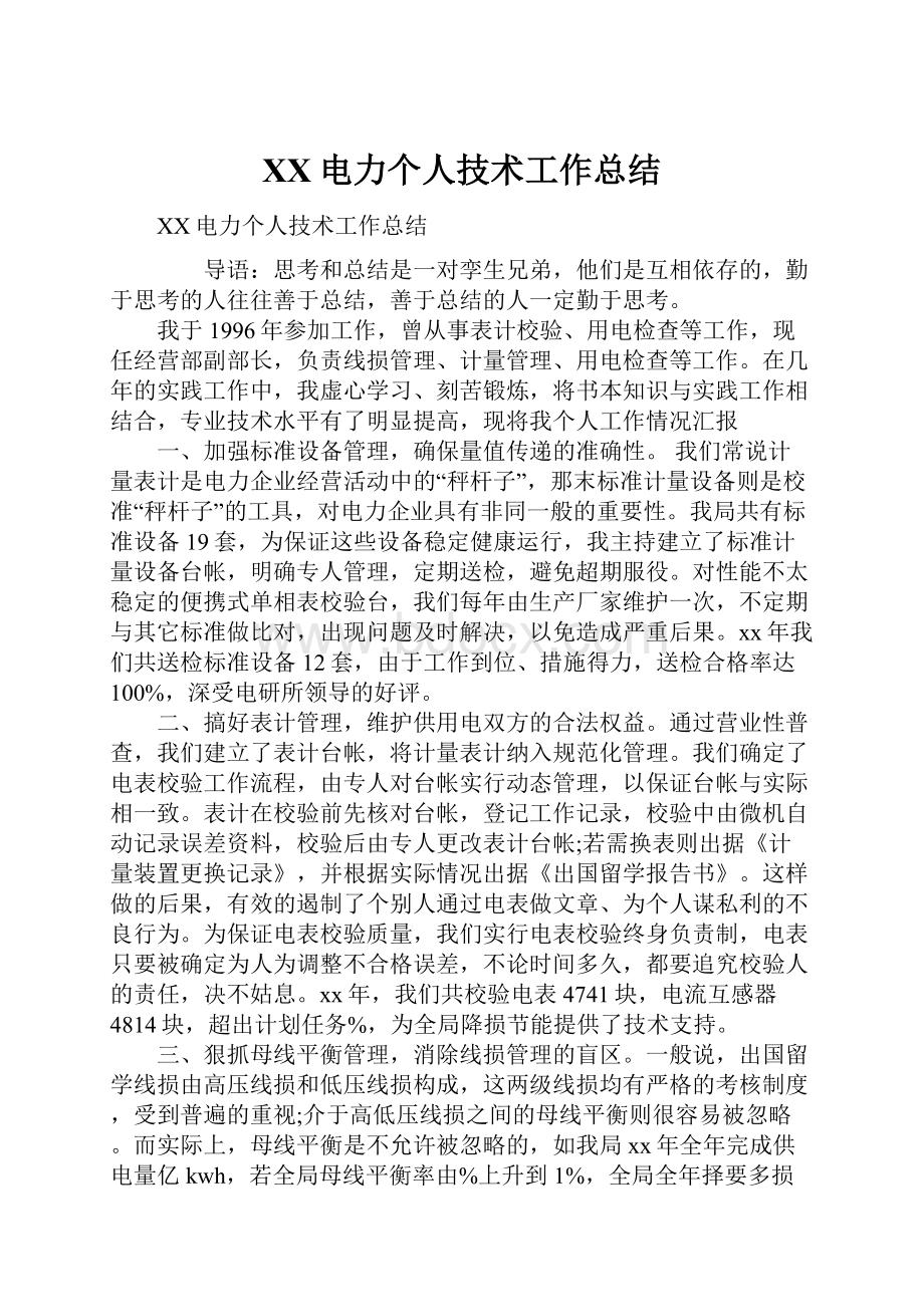 XX电力个人技术工作总结.docx_第1页