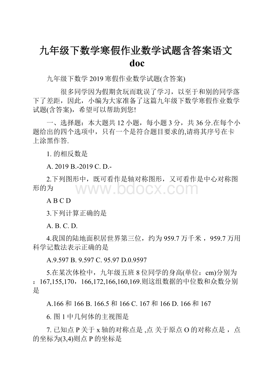 九年级下数学寒假作业数学试题含答案语文doc.docx_第1页