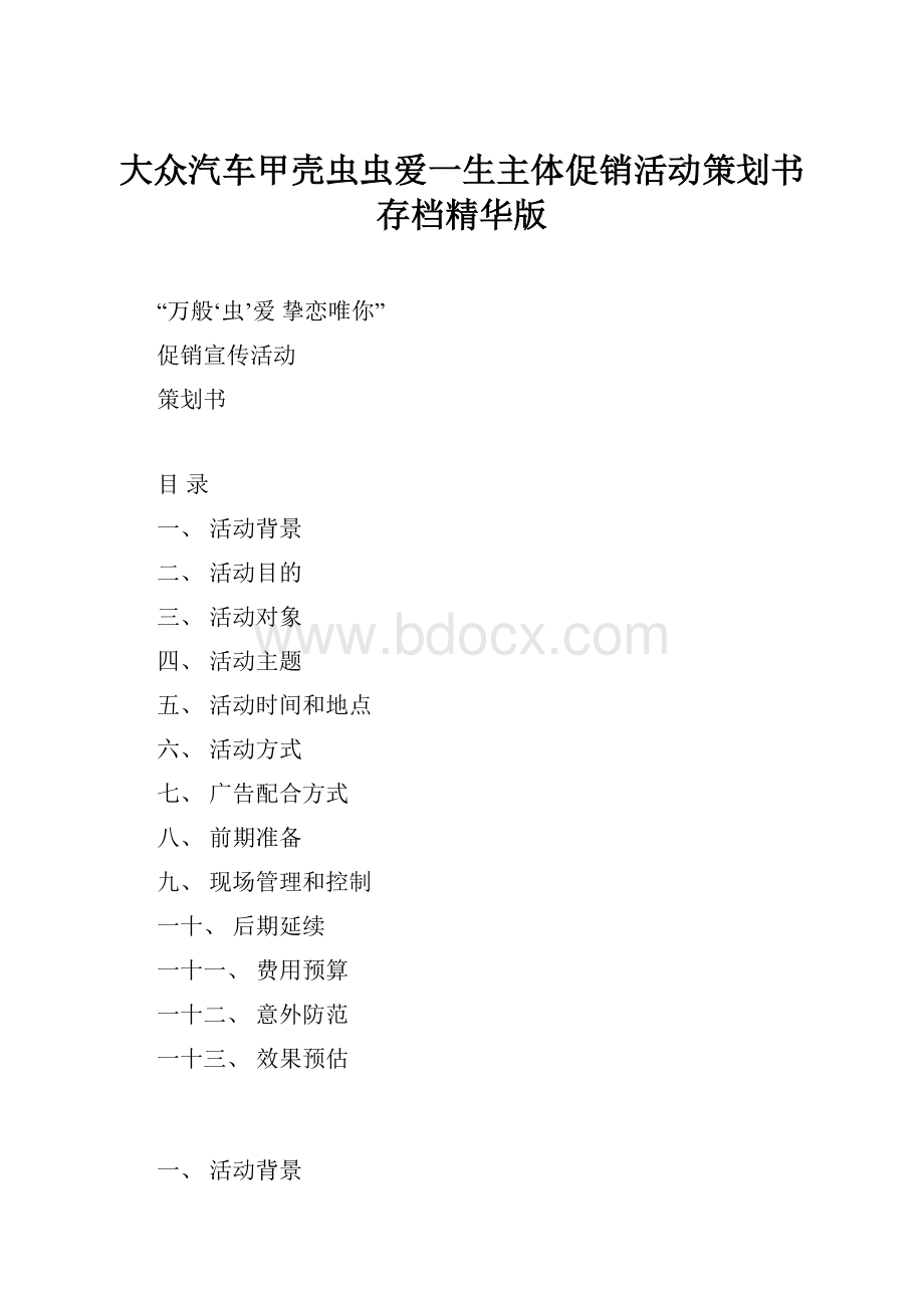 大众汽车甲壳虫虫爱一生主体促销活动策划书存档精华版.docx_第1页