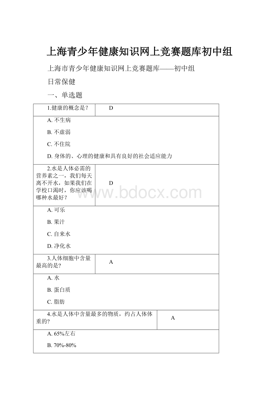 上海青少年健康知识网上竞赛题库初中组.docx_第1页