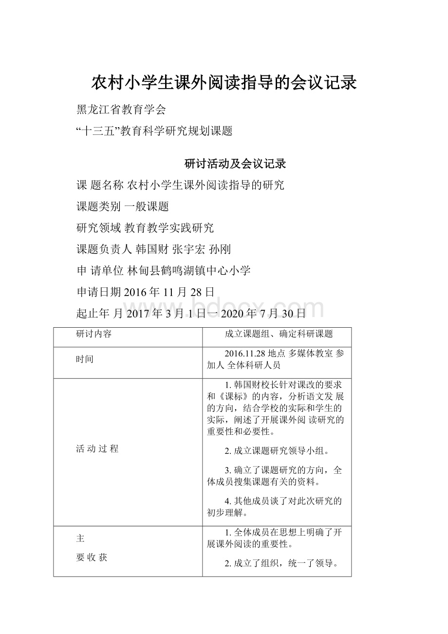 农村小学生课外阅读指导的会议记录.docx_第1页