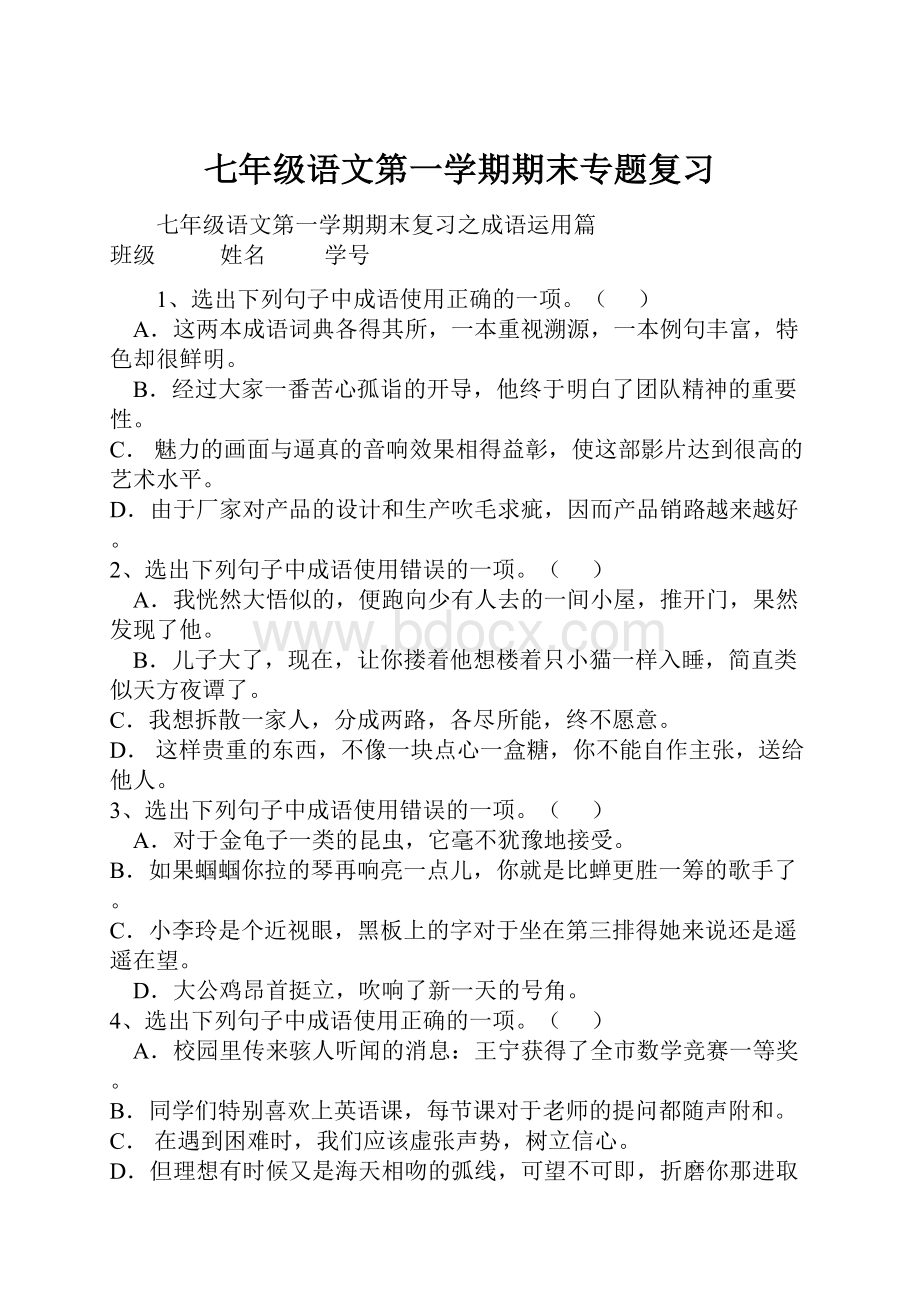 七年级语文第一学期期末专题复习.docx_第1页