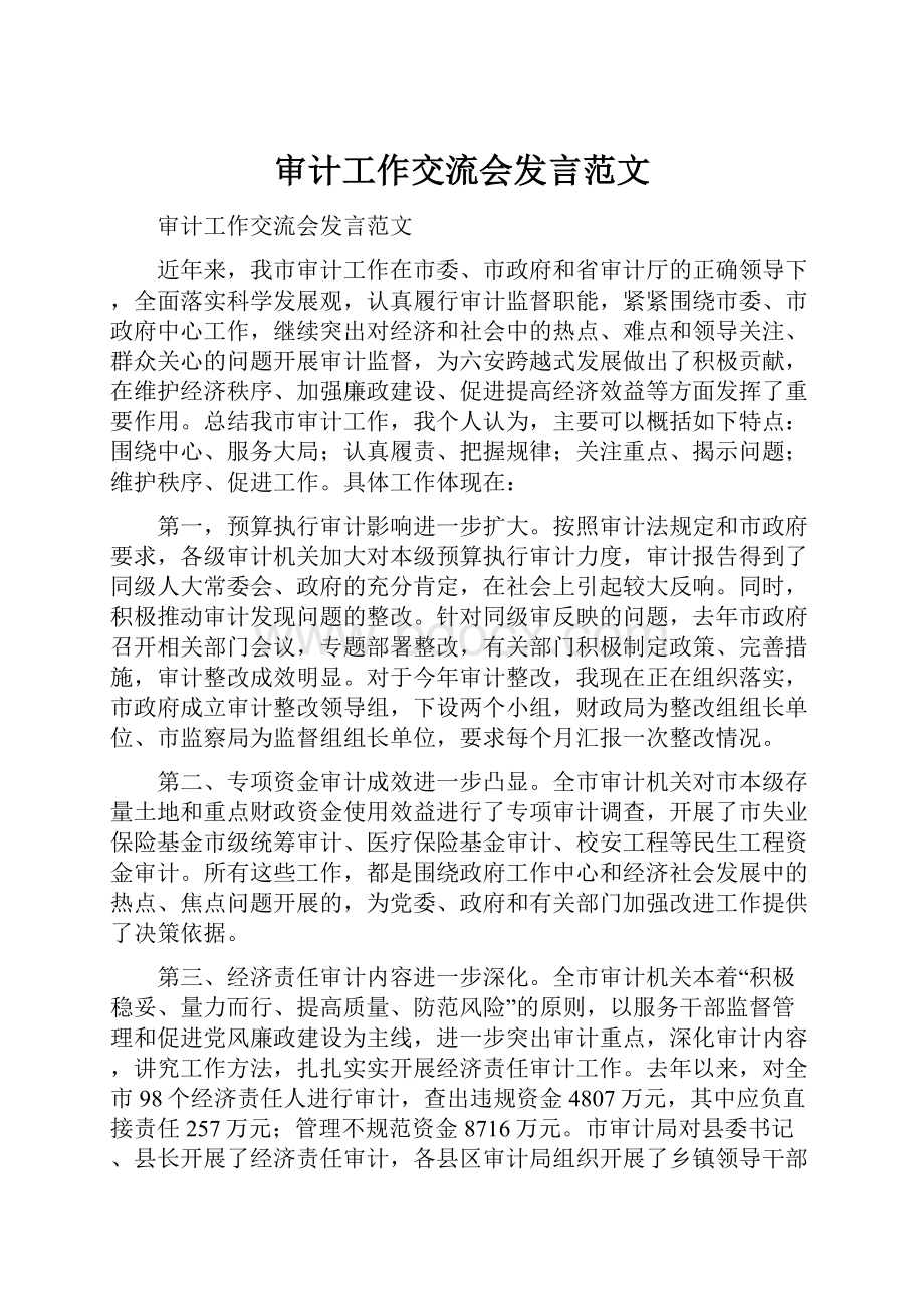 审计工作交流会发言范文.docx