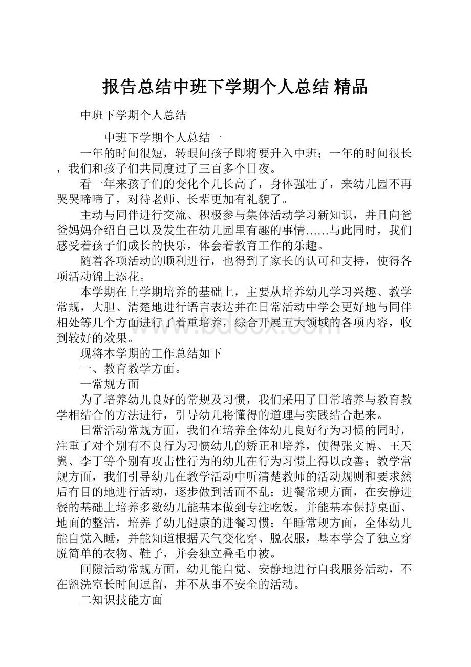 报告总结中班下学期个人总结 精品.docx_第1页