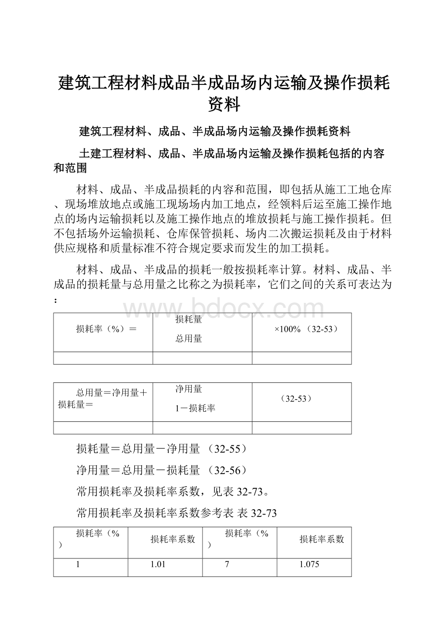 建筑工程材料成品半成品场内运输及操作损耗资料.docx