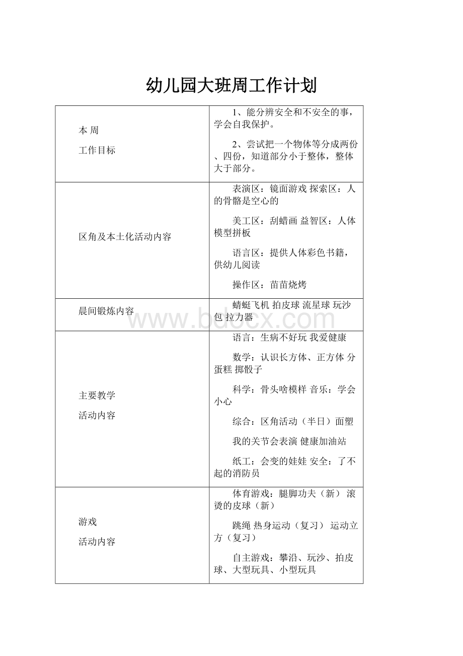 幼儿园大班周工作计划.docx_第1页