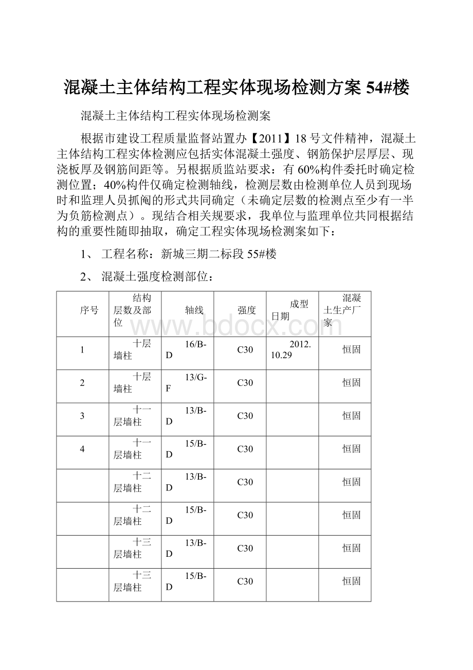 混凝土主体结构工程实体现场检测方案54#楼.docx_第1页