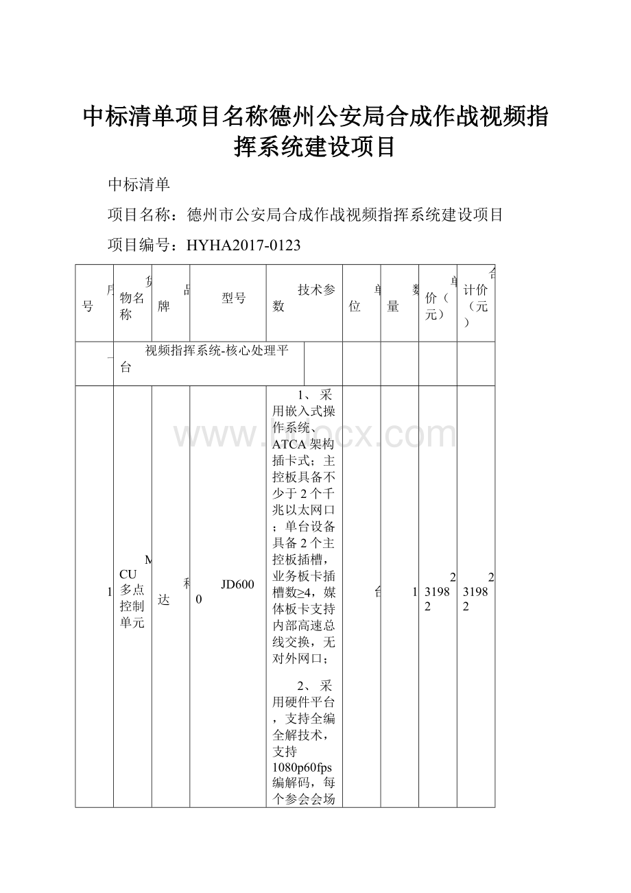 中标清单项目名称德州公安局合成作战视频指挥系统建设项目.docx