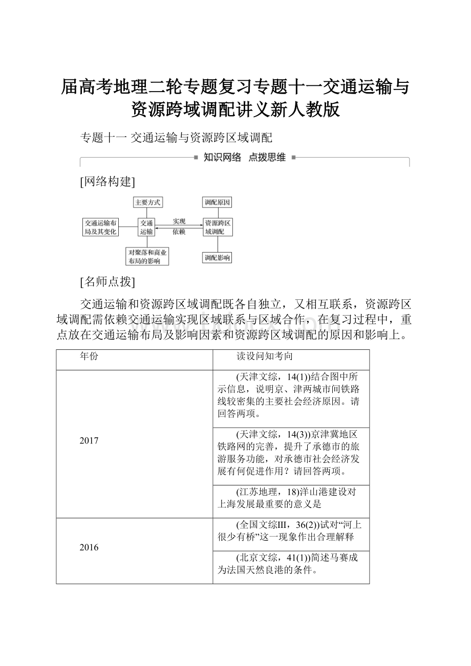 届高考地理二轮专题复习专题十一交通运输与资源跨域调配讲义新人教版.docx_第1页