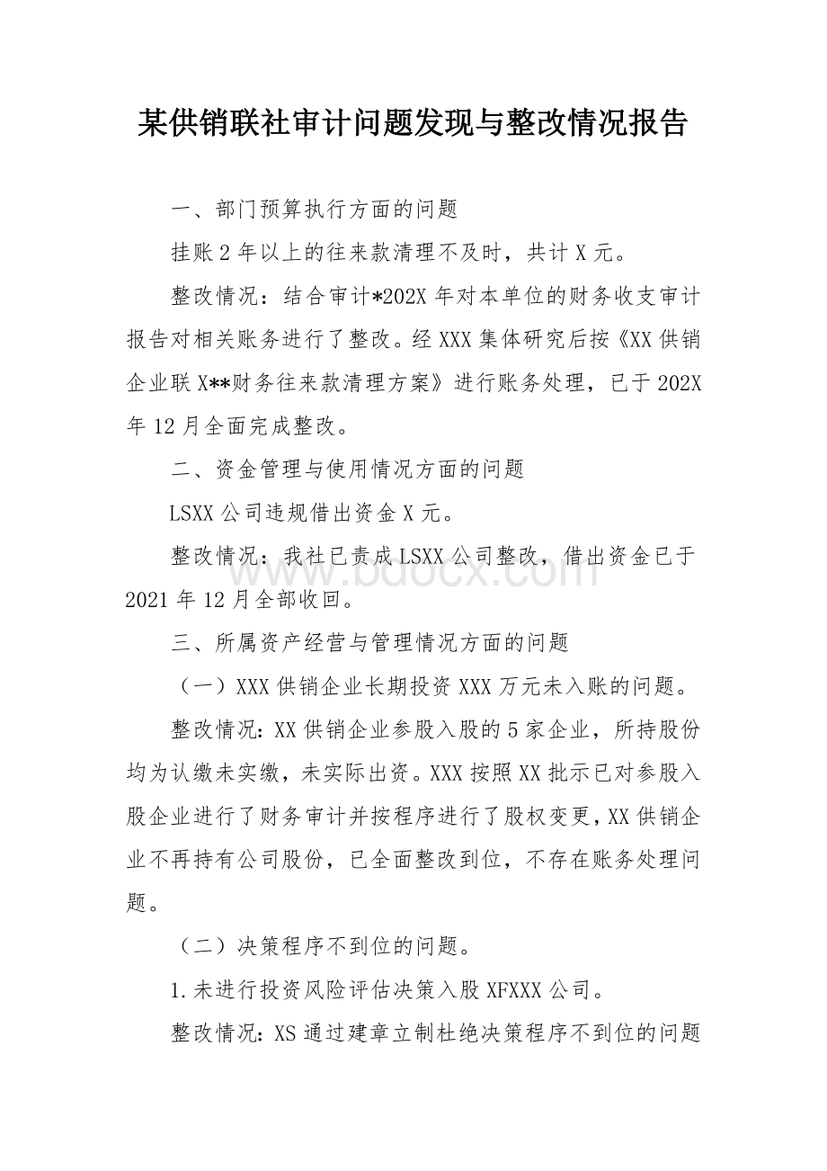 某供销联社审计问题发现与整改情况报告.docx