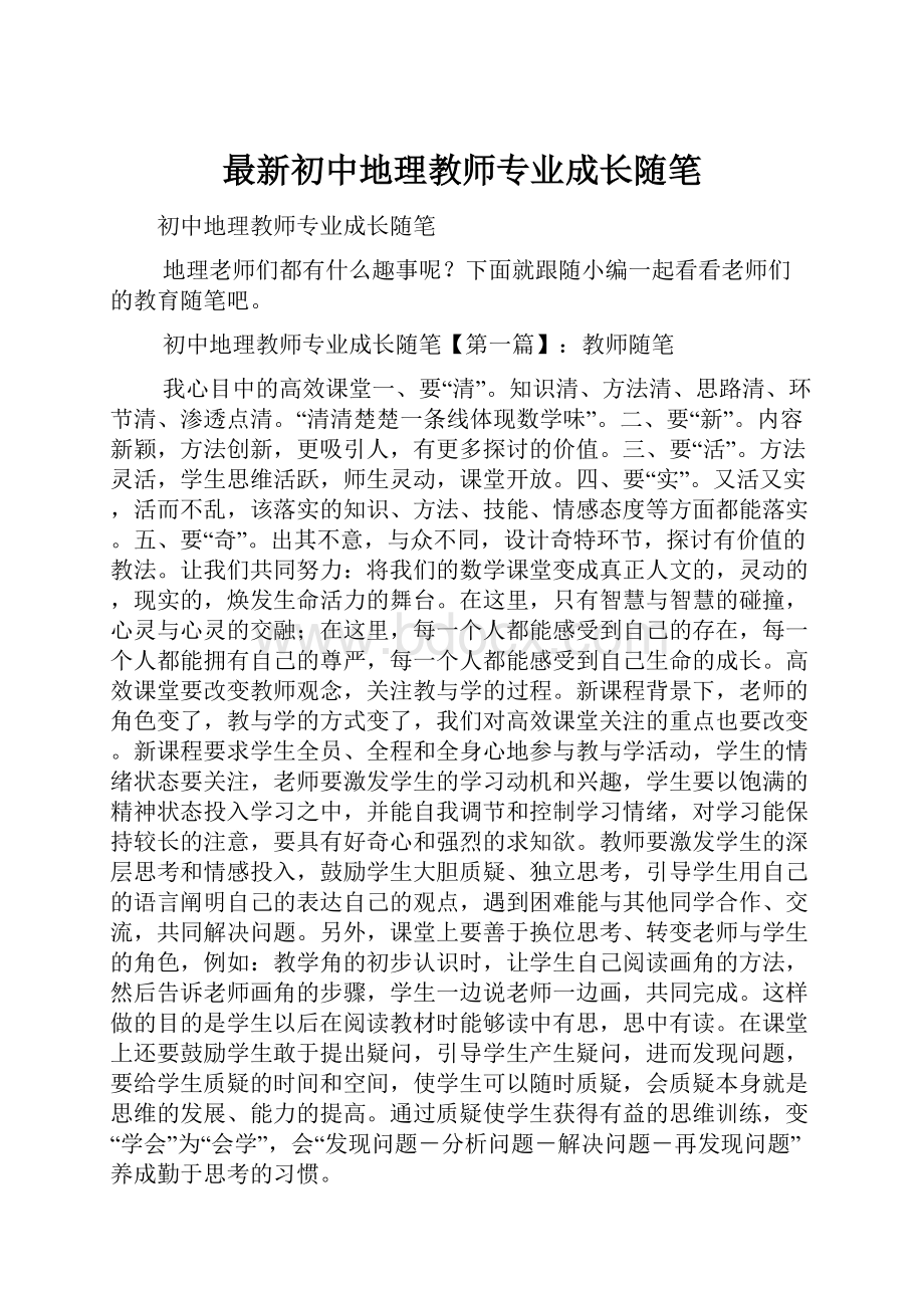 最新初中地理教师专业成长随笔.docx_第1页