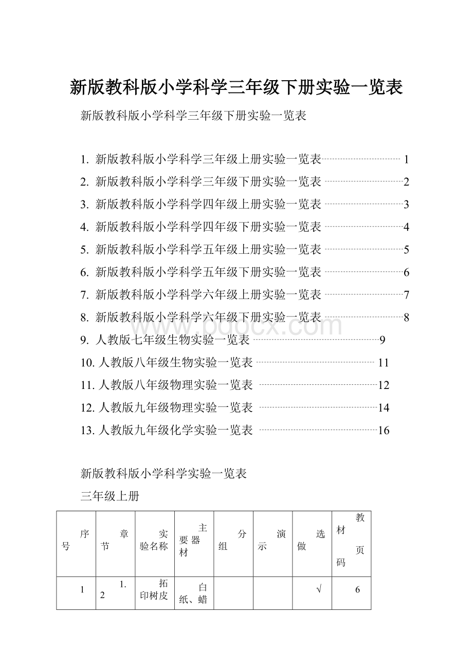 新版教科版小学科学三年级下册实验一览表.docx_第1页